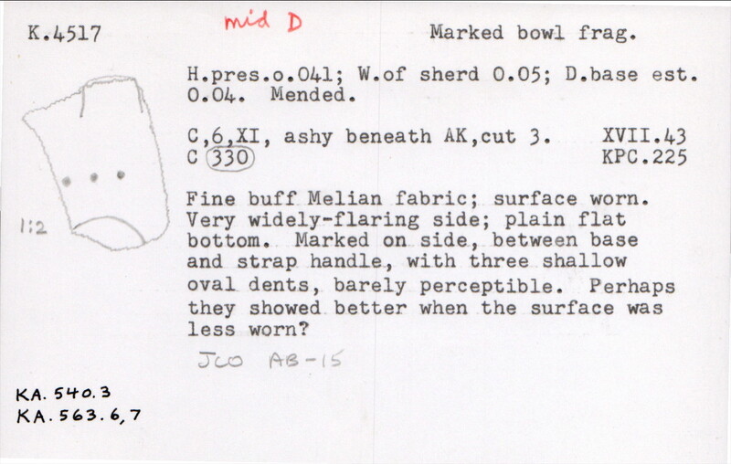 Index card with typed and handwritten information, sometimes including a sketch, of pottery from an excavation.