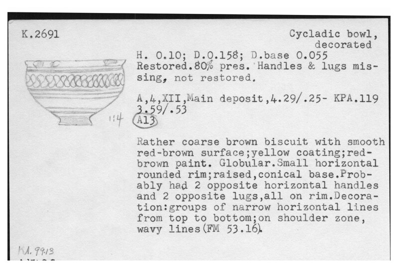 Index card with typed and handwritten information, sometimes including a sketch, of pottery from an excavation.