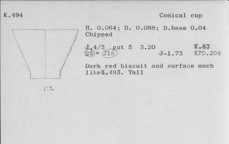 Index card with typed and handwritten information, sometimes including a sketch, of pottery from an excavation.