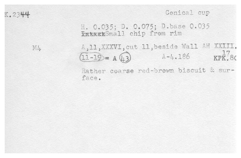 Index card with typed and handwritten information, sometimes including a sketch, of pottery from an excavation.