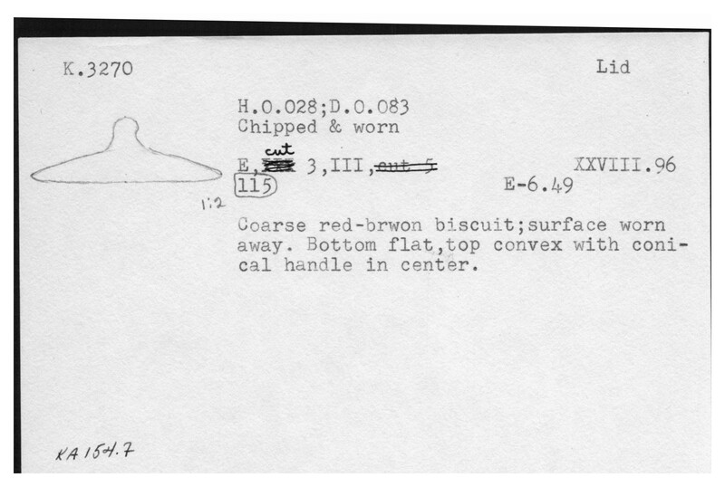 Index card with typed and handwritten information, sometimes including a sketch, of pottery from an excavation.