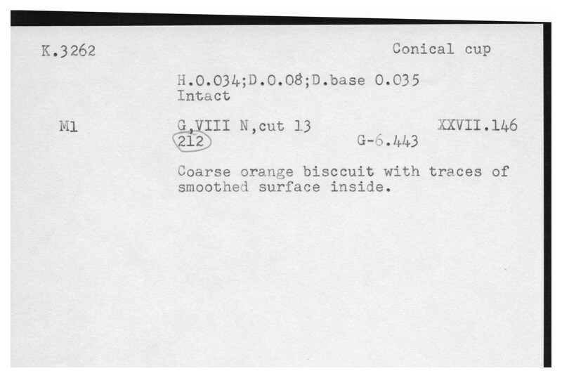 Index card with typed and handwritten information, sometimes including a sketch, of pottery from an excavation.