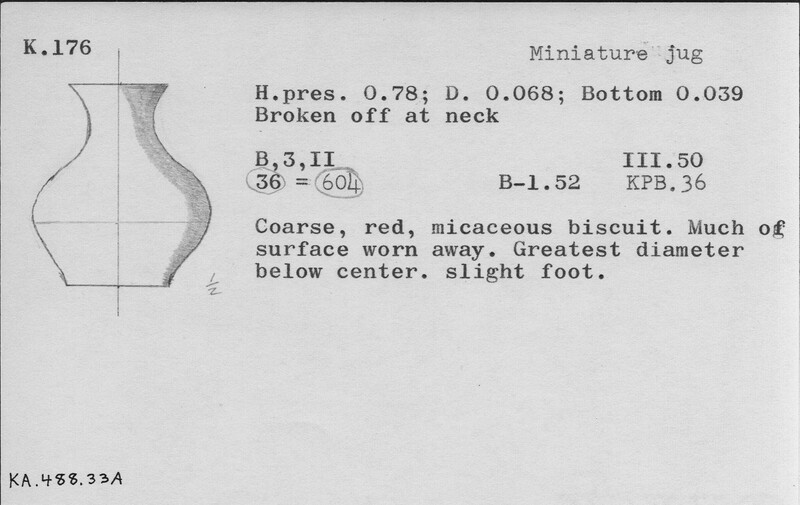 Index card with typed and handwritten information, sometimes including a sketch, of pottery from an excavation.