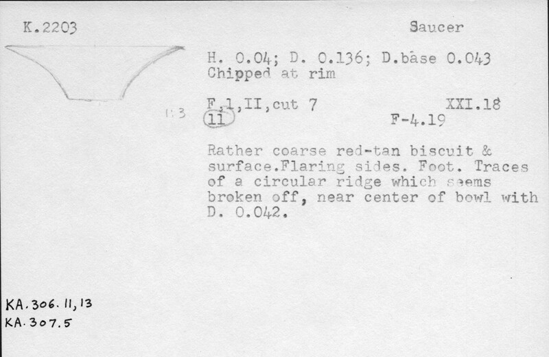 Index card with typed and handwritten information, sometimes including a sketch, of pottery from an excavation.