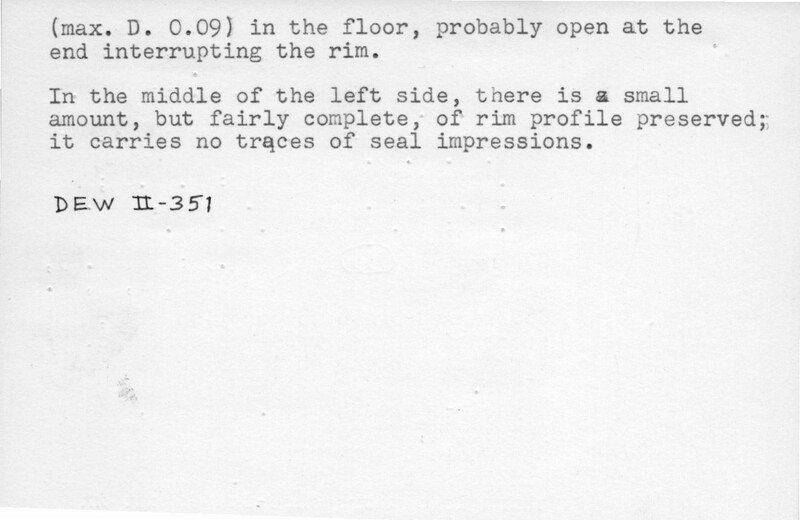 Index card with typed and handwritten information, sometimes including a sketch, of pottery from an excavation.