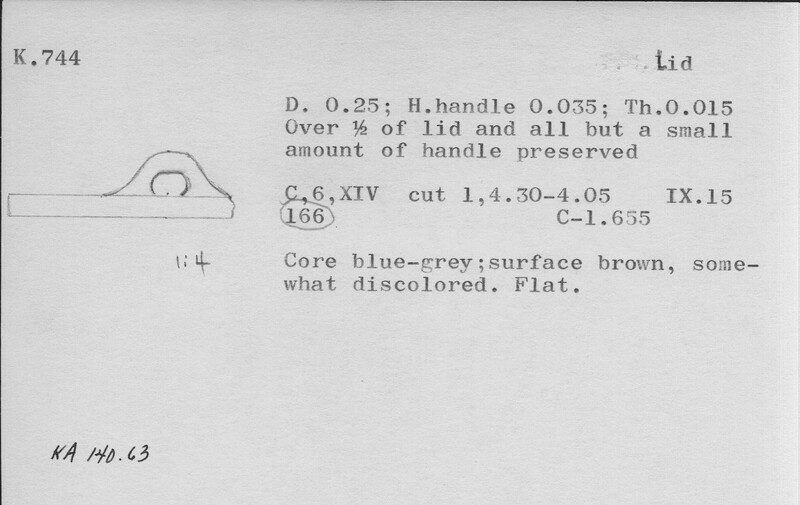 Index card with typed and handwritten information, sometimes including a sketch, of pottery from an excavation.