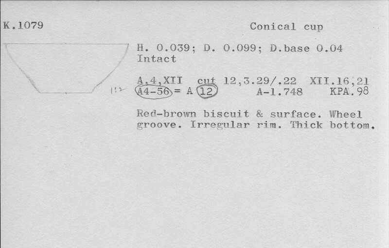 Index card with typed and handwritten information, sometimes including a sketch, of pottery from an excavation.