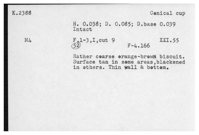 Index card with typed and handwritten information, sometimes including a sketch, of pottery from an excavation.