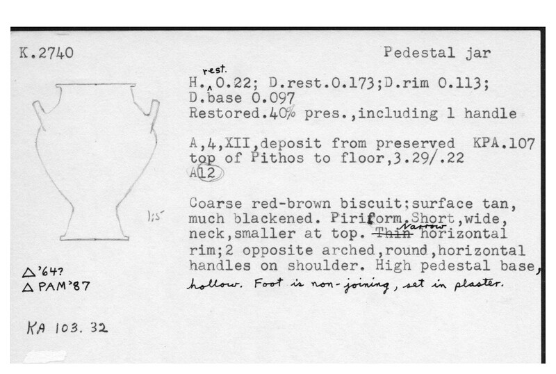 Index card with typed and handwritten information, sometimes including a sketch, of pottery from an excavation.