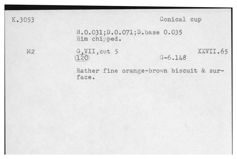 Index card with typed and handwritten information, sometimes including a sketch, of pottery from an excavation.