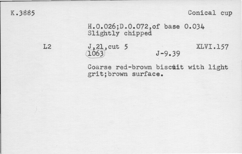 Index card with typed and handwritten information, sometimes including a sketch, of pottery from an excavation.