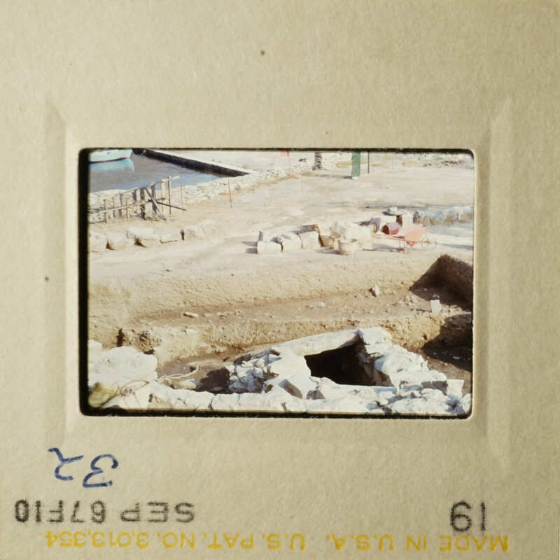 Two photographs show an archaeological site with stone ruins and rubble, likely taken from different angles.