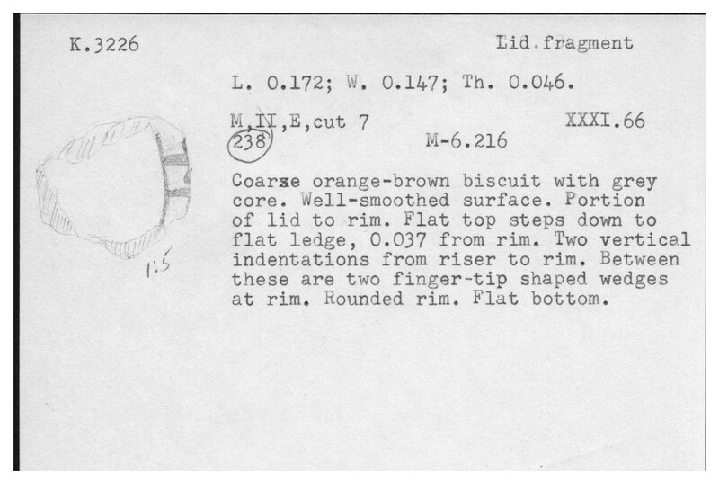 Index card with typed and handwritten information, sometimes including a sketch, of pottery from an excavation.