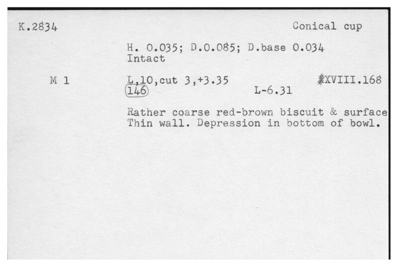 Index card with typed and handwritten information, sometimes including a sketch, of pottery from an excavation.