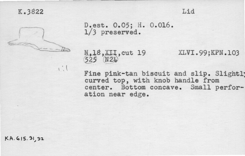 Index card with typed and handwritten information, sometimes including a sketch, of pottery from an excavation.