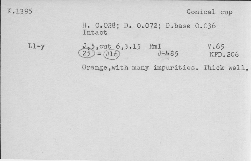 Index card with typed and handwritten information, sometimes including a sketch, of pottery from an excavation.