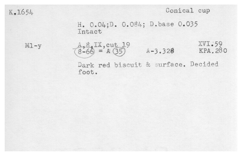 Index card with typed and handwritten information, sometimes including a sketch, of pottery from an excavation.