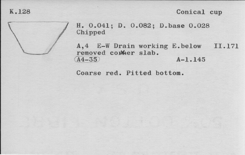 Index card with typed and handwritten information, sometimes including a sketch, of pottery from an excavation.