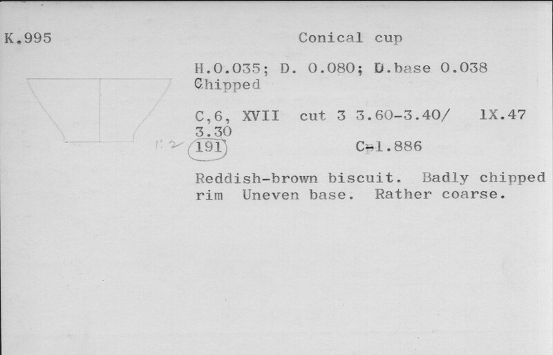 Index card with typed and handwritten information, sometimes including a sketch, of pottery from an excavation.