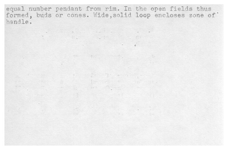 Index card with typed and handwritten information, sometimes including a sketch, of pottery from an excavation.