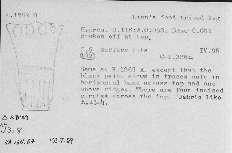 Index card with typed and handwritten information, sometimes including a sketch, of pottery from an excavation.