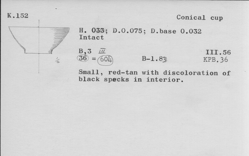Index card with typed and handwritten information, sometimes including a sketch, of pottery from an excavation.