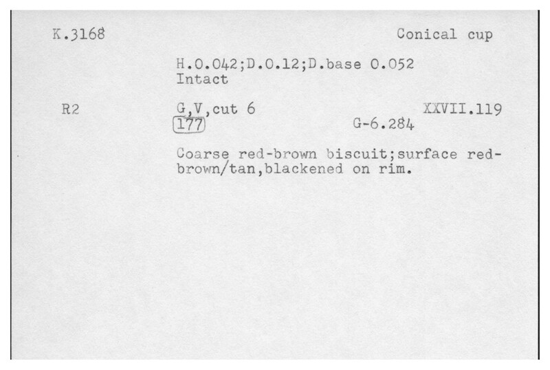 Index card with typed and handwritten information, sometimes including a sketch, of pottery from an excavation.