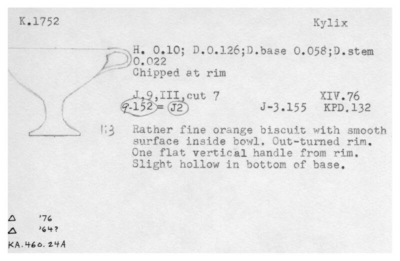 Index card with typed and handwritten information, sometimes including a sketch, of pottery from an excavation.