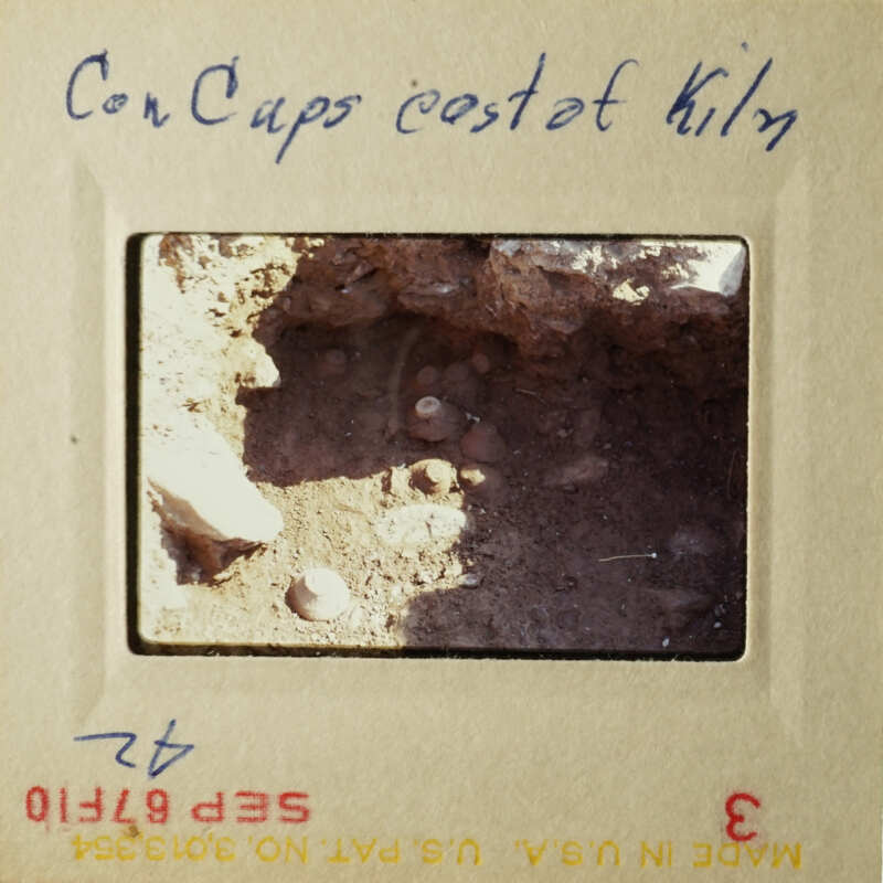 Two photos of an archaeological site, showing excavated ground with various artifacts and debris, including caps and rocks.