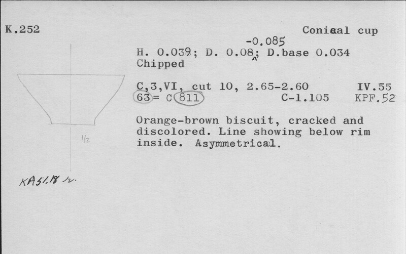Index card with typed and handwritten information, sometimes including a sketch, of pottery from an excavation.