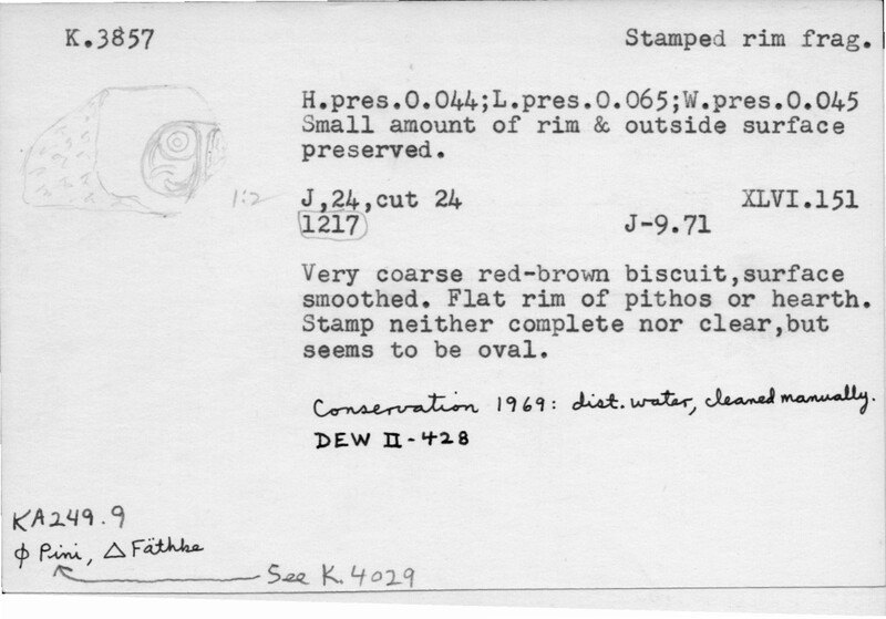 Index card with typed and handwritten information, sometimes including a sketch, of pottery from an excavation.