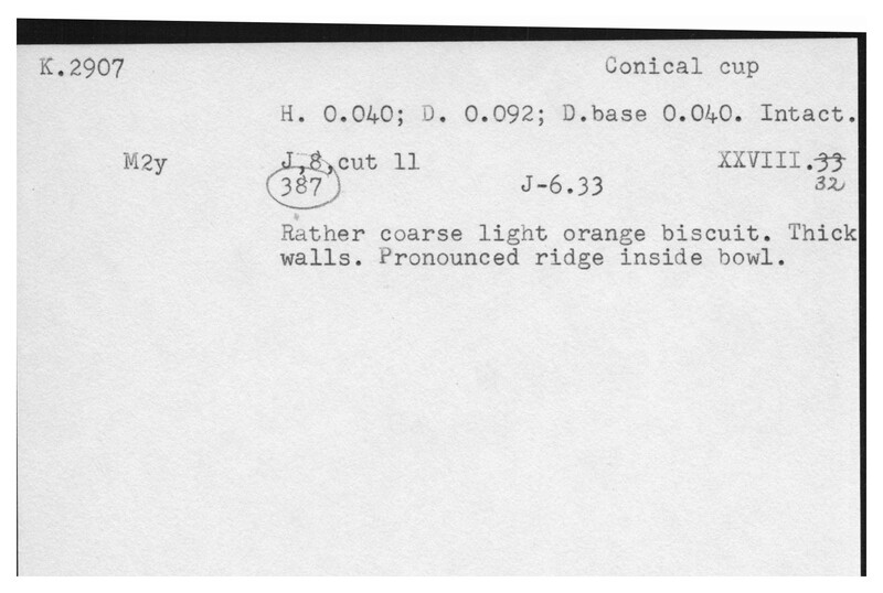Index card with typed and handwritten information, sometimes including a sketch, of pottery from an excavation.