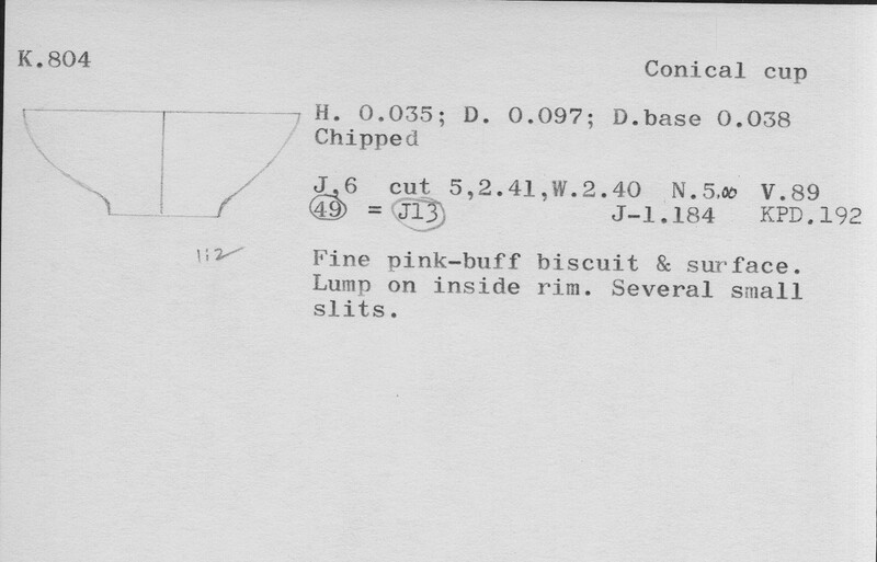 Index card with typed and handwritten information, sometimes including a sketch, of pottery from an excavation.