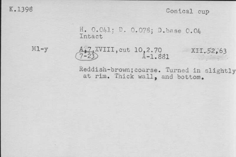 Index card with typed and handwritten information, sometimes including a sketch, of pottery from an excavation.