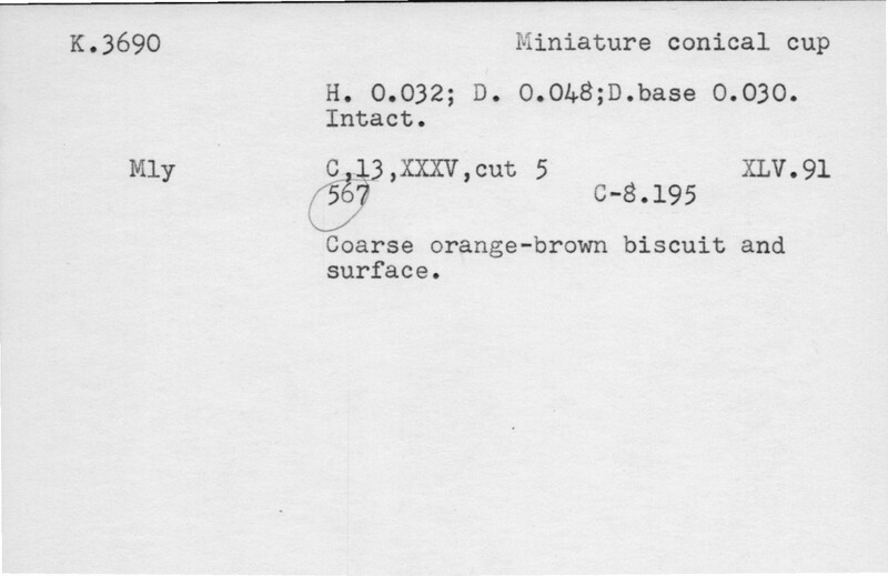 Index card with typed and handwritten information, sometimes including a sketch, of pottery from an excavation.
