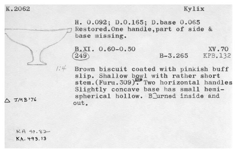 Index card with typed and handwritten information, sometimes including a sketch, of pottery from an excavation.