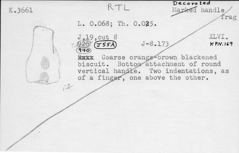 Index card with typed and handwritten information, sometimes including a sketch, of pottery from an excavation.