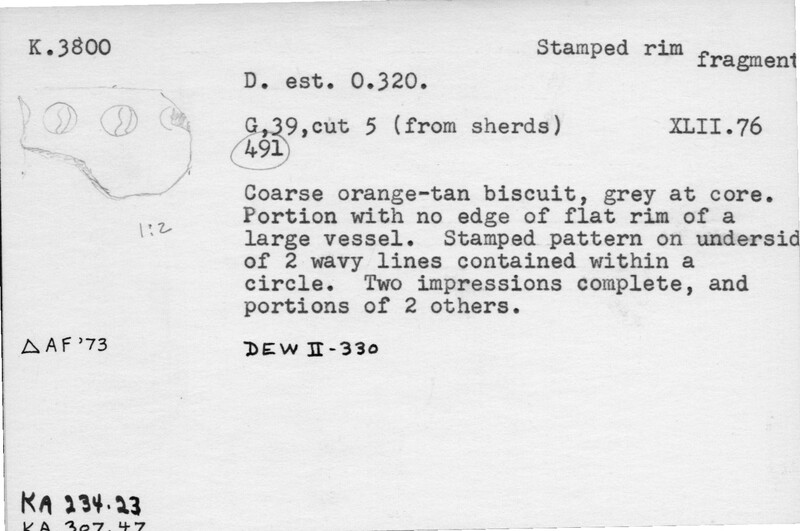 Index card with typed and handwritten information, sometimes including a sketch, of pottery from an excavation.