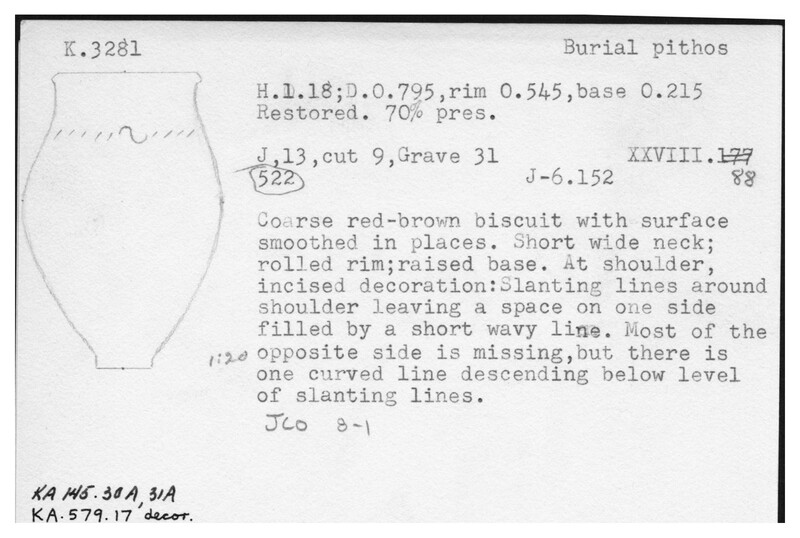 Index card with typed and handwritten information, sometimes including a sketch, of pottery from an excavation.