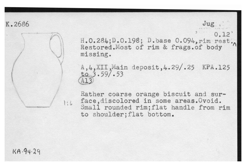 Index card with typed and handwritten information, sometimes including a sketch, of pottery from an excavation.