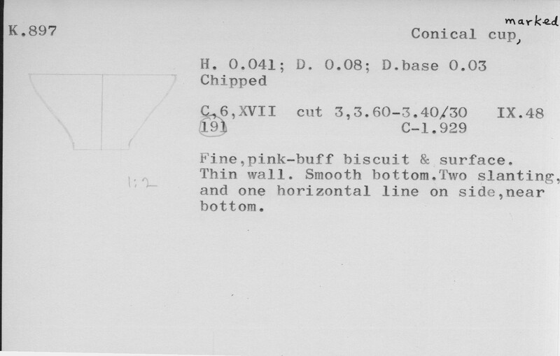 Index card with typed and handwritten information, sometimes including a sketch, of pottery from an excavation.
