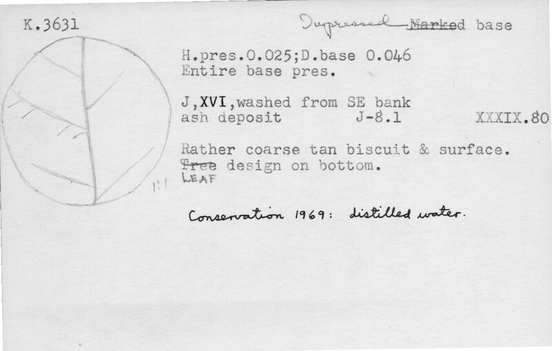 Index card with typed and handwritten information, sometimes including a sketch, of pottery from an excavation.