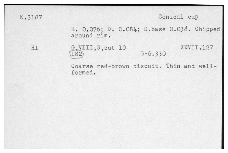 Index card with typed and handwritten information, sometimes including a sketch, of pottery from an excavation.