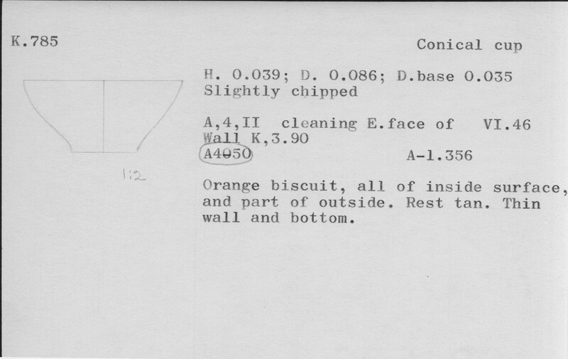 Index card with typed and handwritten information, sometimes including a sketch, of pottery from an excavation.