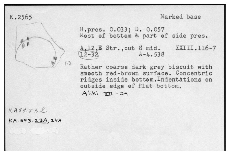 Index card with typed and handwritten information, sometimes including a sketch, of pottery from an excavation.