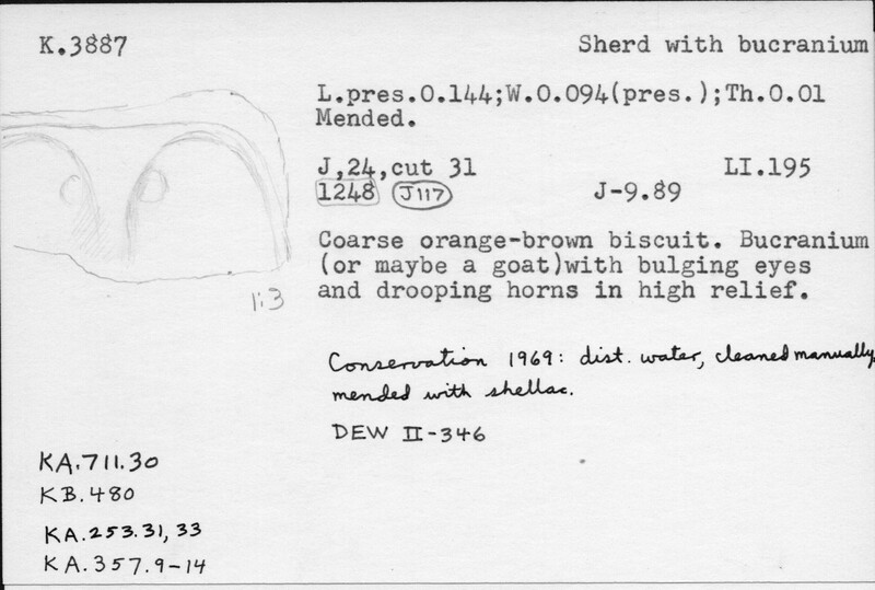 Index card with typed and handwritten information, sometimes including a sketch, of pottery from an excavation.