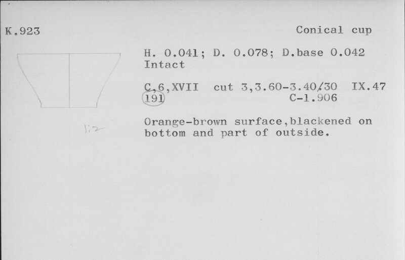 Index card with typed and handwritten information, sometimes including a sketch, of pottery from an excavation.