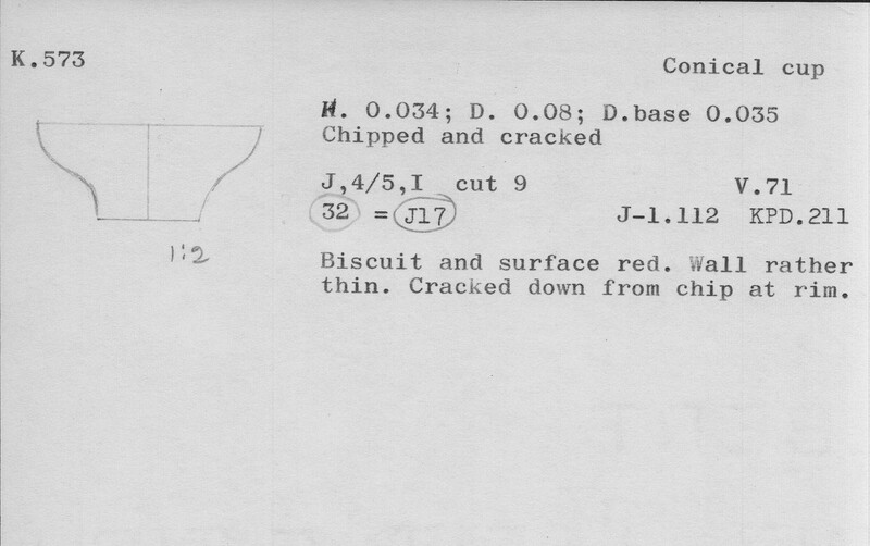 Index card with typed and handwritten information, sometimes including a sketch, of pottery from an excavation.