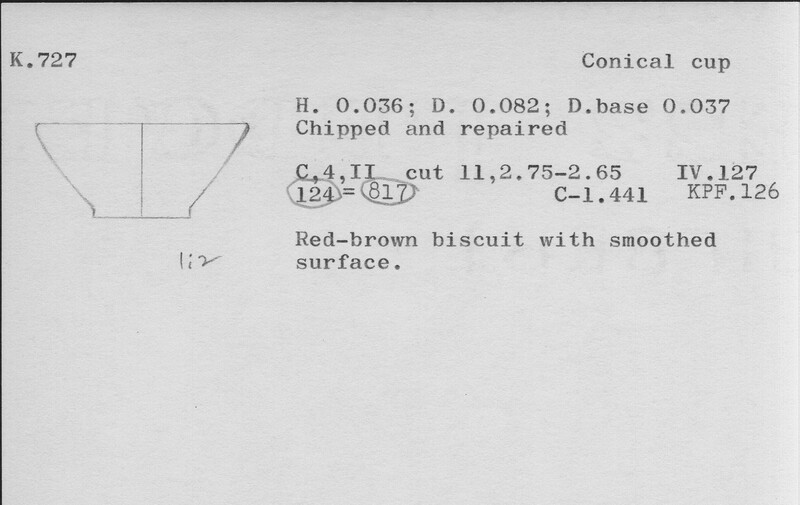 Index card with typed and handwritten information, sometimes including a sketch, of pottery from an excavation.