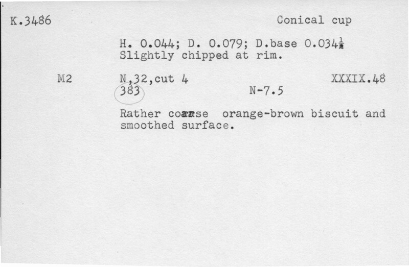 Index card with typed and handwritten information, sometimes including a sketch, of pottery from an excavation.